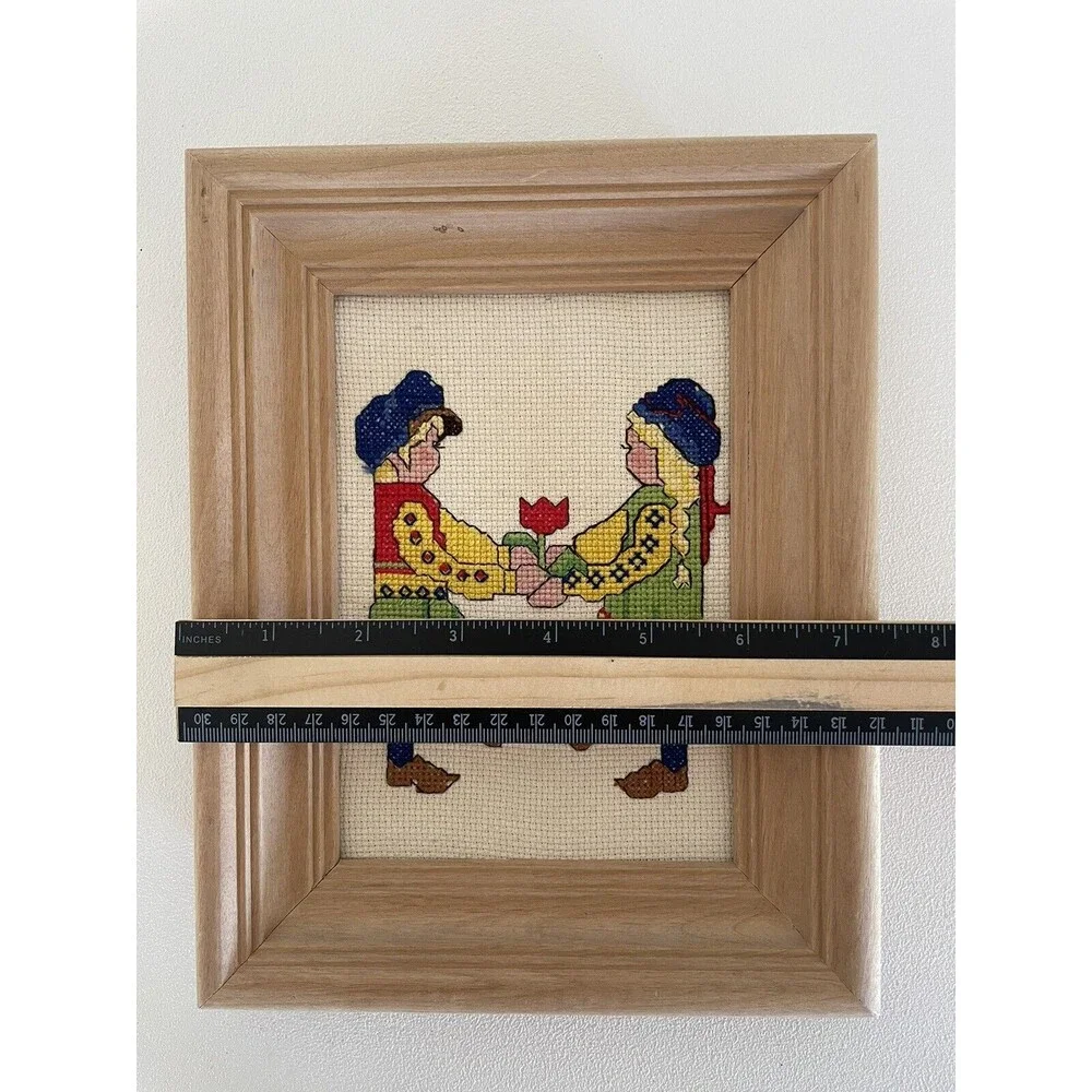 Framed Completed Dutch Girl and Boy Cross Stitch Hand Stitched  Nice 9x7
